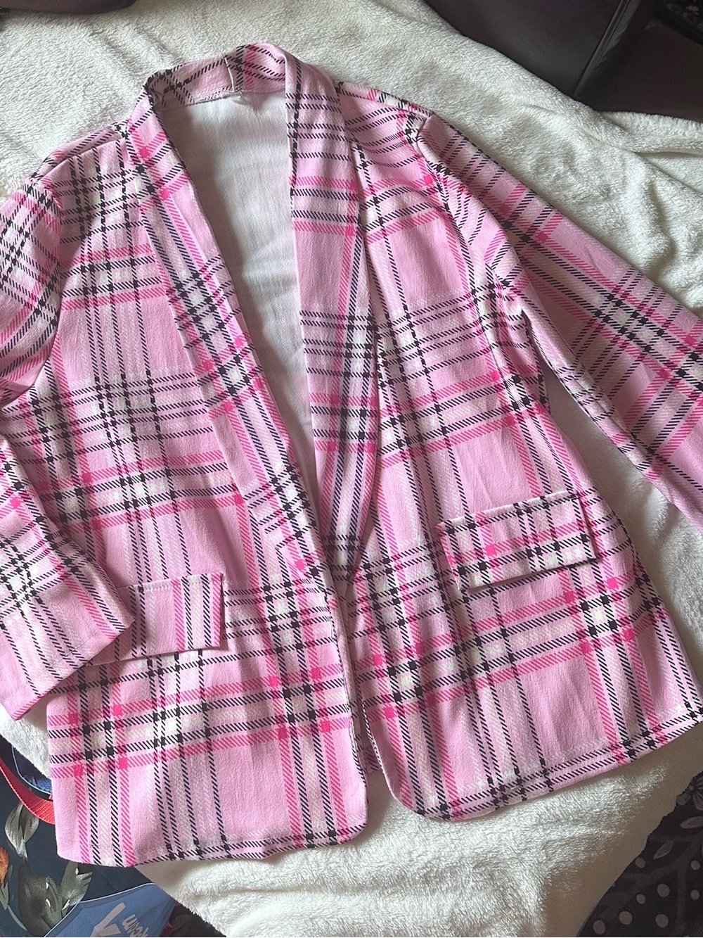 Pink Plaid Women's Blazer Jacket